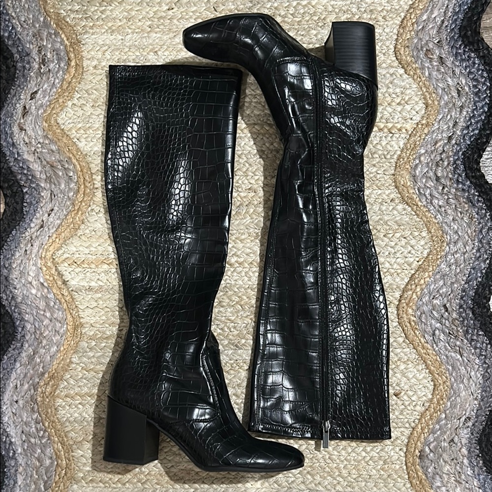 Black Croc-Embossed Knee-High Boots (SOLD- Depop)